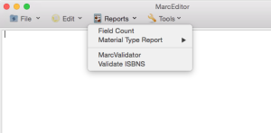 MarcEdit Mac MarcEditor Reports Menu wireframe showing functions targeted for the first release