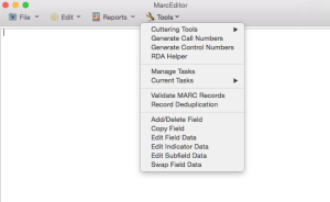 MarcEdit Mac MarcEditor Tools Menu wireframe showing functions targeted for the first release